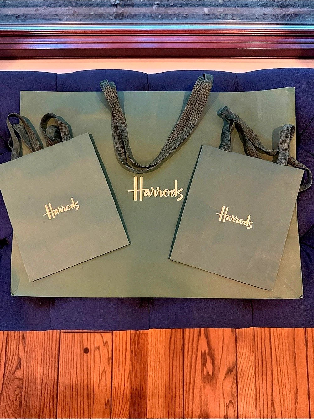 Harrods Signature Green and Gold Logo Paper Shopping Bag Set & Gold Logo Paper